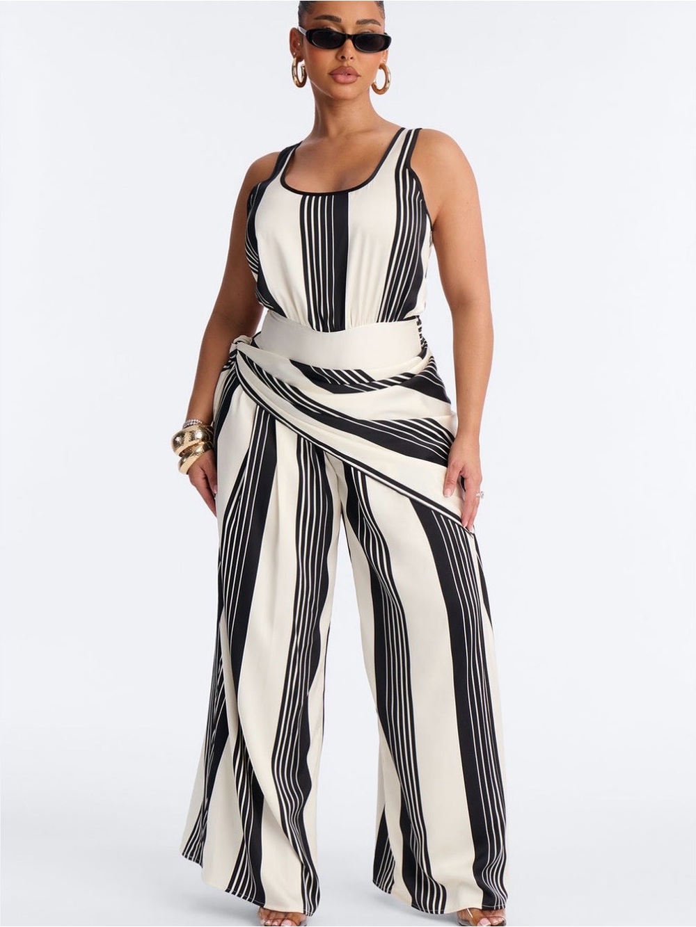 Shelby Satin Wide-Leg Striped Jumpsuit - Black & Cream - Fashion Nova